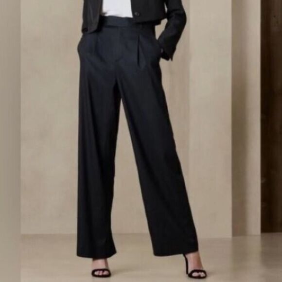 BANANA REPUBLIC High-Rise Wide-Leg Linen Pleated Pant, Black, Size 12 - Picture 1 of 8